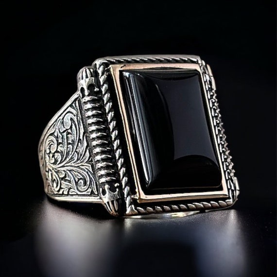 Handmade Sterling Silver Black Onyx Ring - Adjustable Square Gemstone
