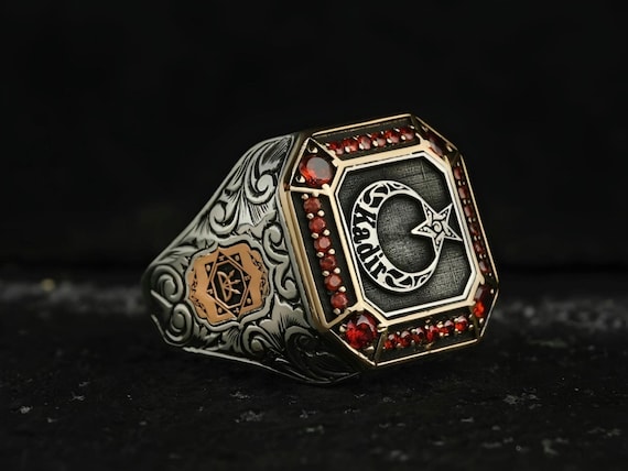 Crescent Moon Star Sterling Silver Ring, Turkish Ottoman Oghuz Seal, Adjustable