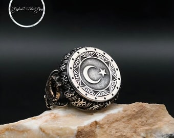 Patriotischer Silberring für Herren mit Mond und Sternen, 20 g Gewicht, türkischer Schmuckdesigner, Geschenkideen zum Vatertag, Himmelsring
