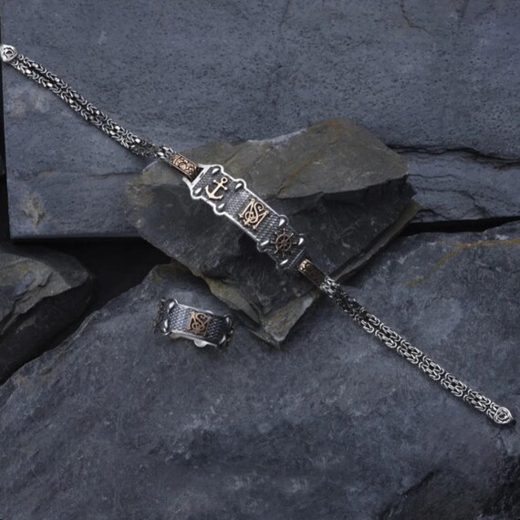 Sterling Silver Nautical Jewelry Set: Anchor & Helm Ring and Bracelet