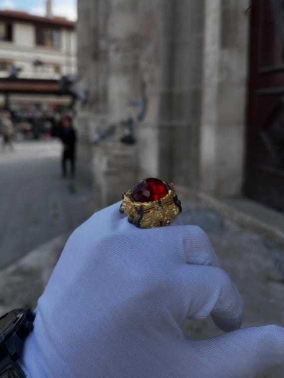 Gold Plated Sterling Silver Red Cubic Zircon Ring, Statement Men's Ring
