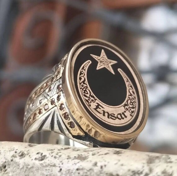 Handmade Sterling Silver Men's Ring: Red Amber, Moon & Star Design