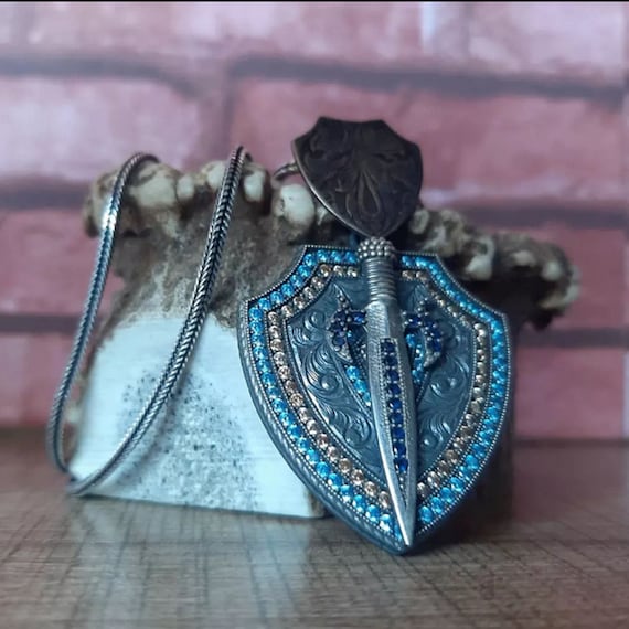 Personalized Sterling Silver Shield Necklace: Zircon Sword Pendant