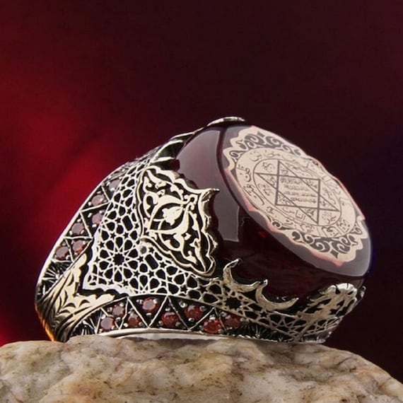 Seal of Solomon Sterling Silver Ring: Red Amber Stone, Turkish Talisman