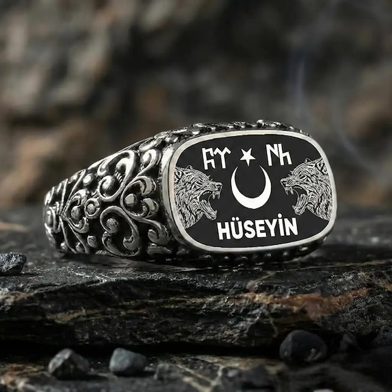 Personalized Wolf Ring, Gokturk Turkish Silver Mens Ring