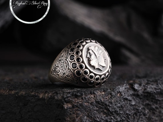 925 Sterling Silver Alexander the Great Coin Figured Ring - Vintage Men's Ring with Black Micro Topaz - Black Rhodium Plated Design Ring