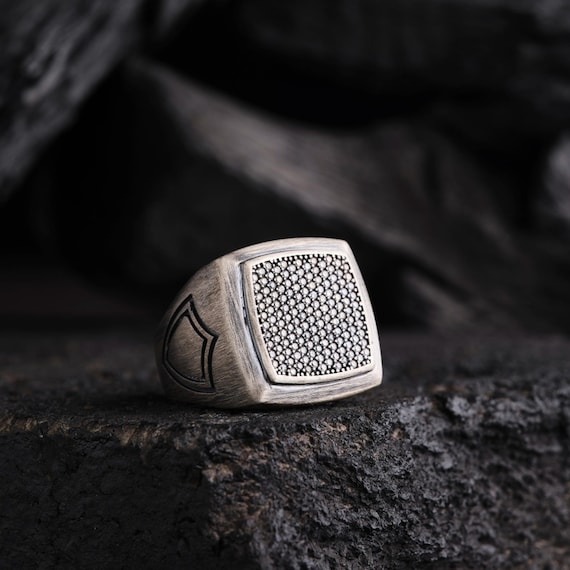 Sterling Silver Square Shield Ring: Micro CZ Stones, Personalized Ottoman Style