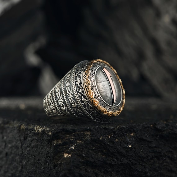 Ottoman Style Silver Men's Ring with Elif Motif - Personalized Engraved, Fine Workmanship Gift