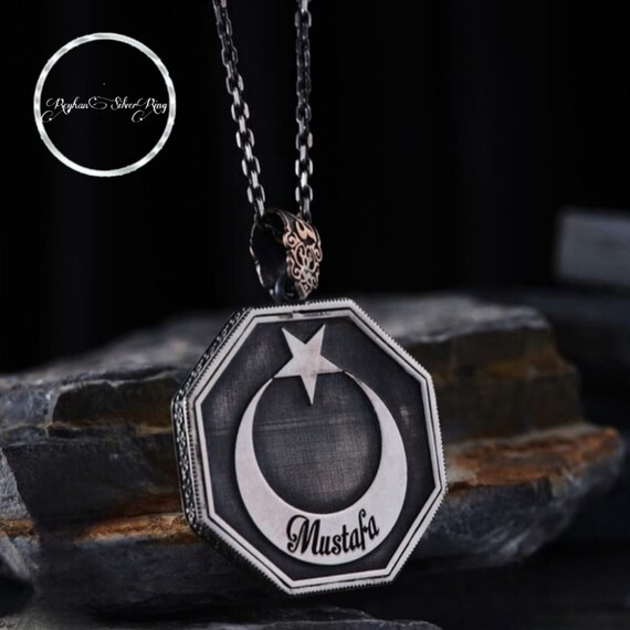 Sterling Silver Ottoman Necklace: Crescent Star Medallion, Personalized Name