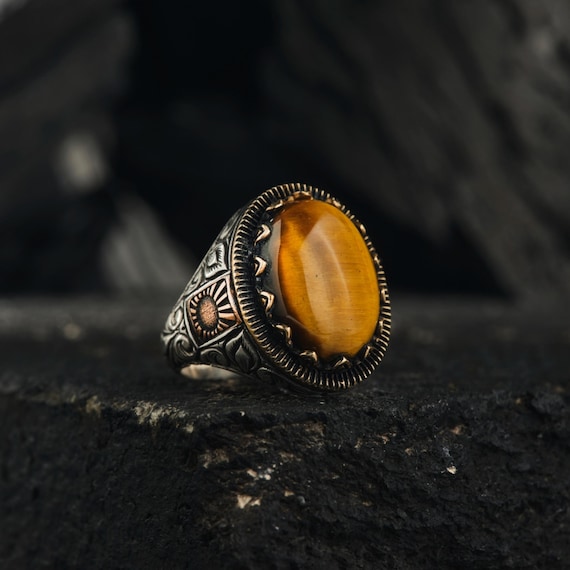 Handmade Oval Tiger Eye 925 Sterling Silver Ring - Ottoman Style