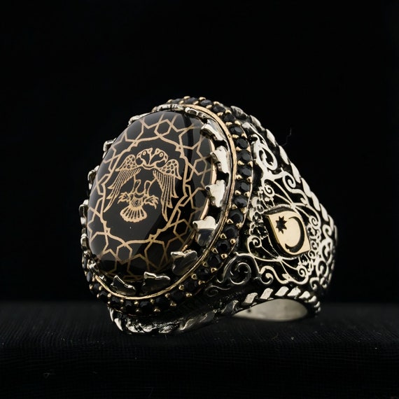 Elegant Black Amber Silver Men's Ring - Unique Ottoman Style, Custom Name Engraving
