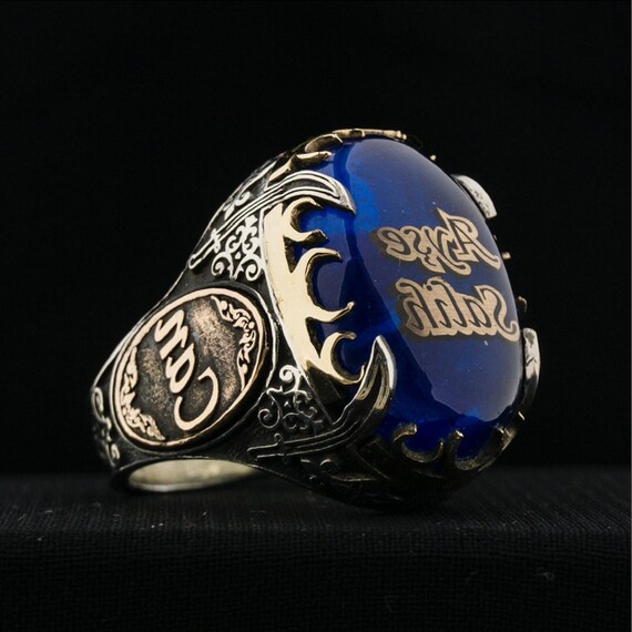 Blue Amber Stone Sterling Silver Mens Ring: Personalized Sword Design