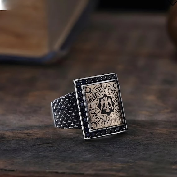 Sterling Silver Double Headed Eagle Ring: Black Zircon Accent