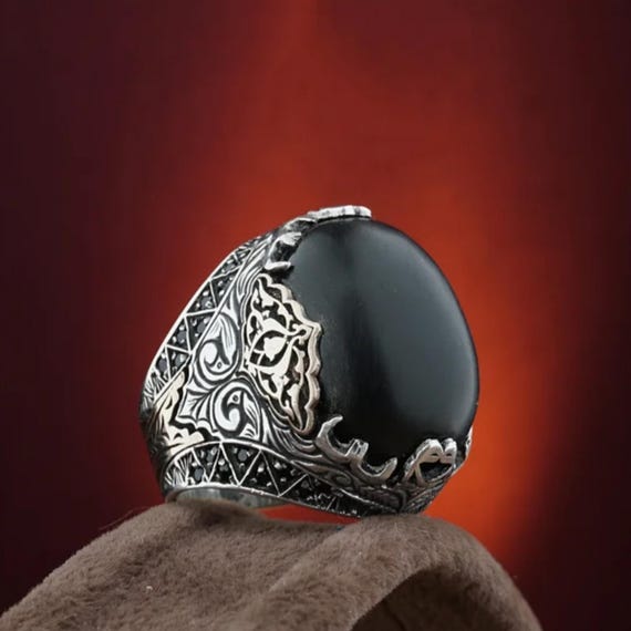 Erzurum Oltu Stone Ring: Sterling Silver Micro Zircon Turkish Jewelry