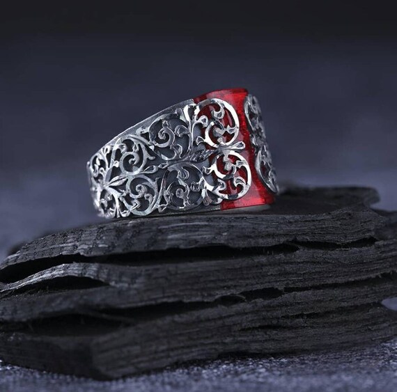 Handmade Red Stone Sterling Silver Ring: Adjustable Filigree Band