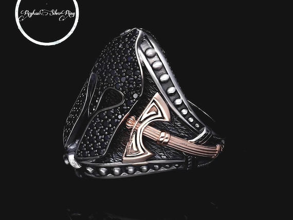 Sterling Silver Warrior Mask Ring: Black Stone King Ring