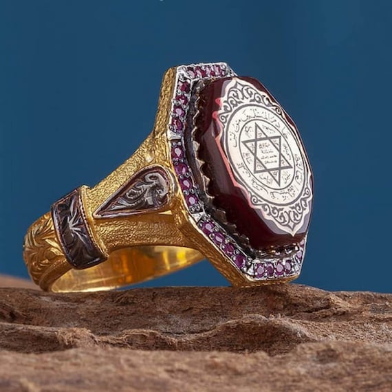 Red Amber Seal of Solomon Ring: Sterling Silver Star of David