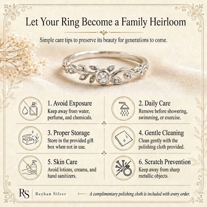 May include: A silver ring with a central round stone and leaf-shaped accents. The image includes text titled Let Your Ring Become a Family Heirloom, listing six care instructions: avoid exposure, daily care, proper storage, gentle cleaning, skin care, and scratch prevention.