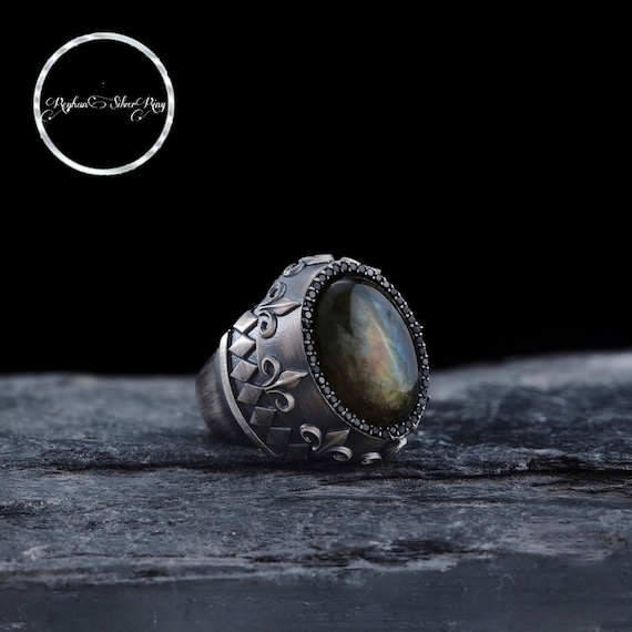 Labradorite Sterling Silver Men's Ring: Zircon Accent, Anxiety Relief