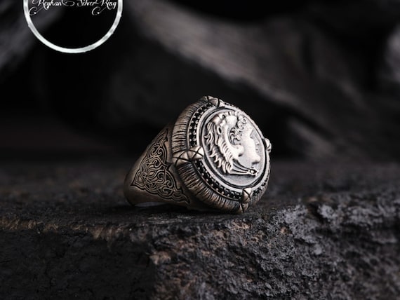 925 Sterling Silver Alexander the Great Ring - Vintage Design Men's Ring - Black Rhodium Plated Coin Figured Ring