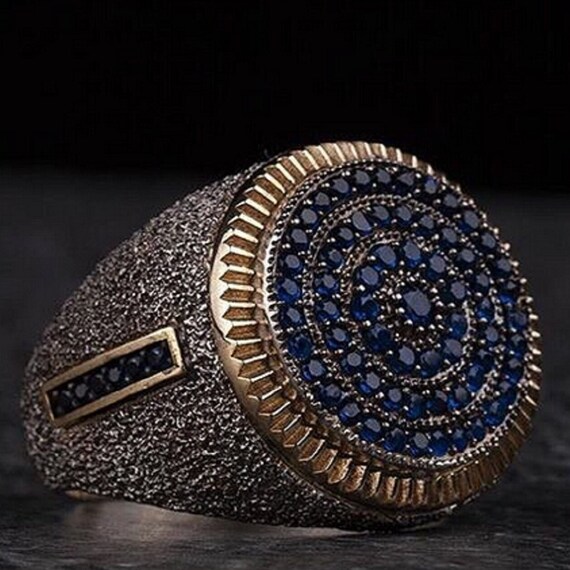 Textured Blue Stone Sterling Silver Men's Ring - Handmade