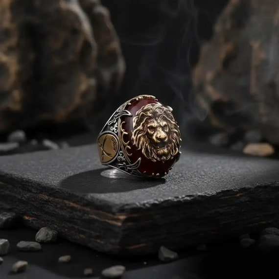 Red Amber Lion & Zulfikar Sword Sterling Silver Ring - Adjustable