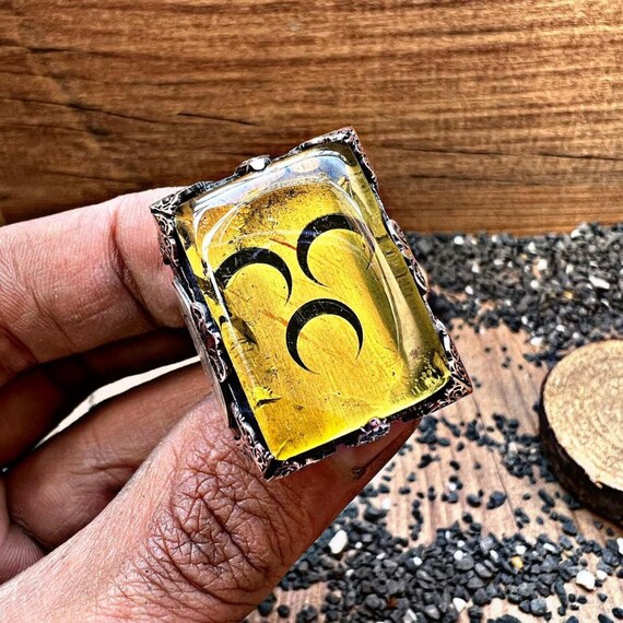 Personalized Amber Stone Ring with Three Crescent Engraving - Handmade Silver Jewelry for Her