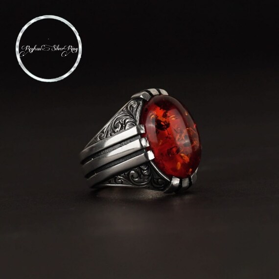 Red Amber Stone Sterling Silver Men's Ring: Engraved Sides