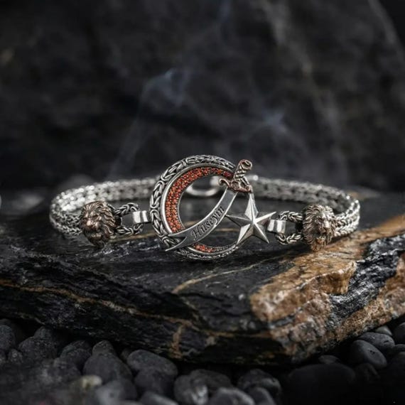 925 Sterling Silver Personalized Crescent Star Sword Men's Bracelet
