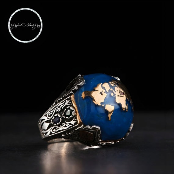 Unique Men's Sterling Silver Red Apple Zircon Stone Ring, Bronze World Map
