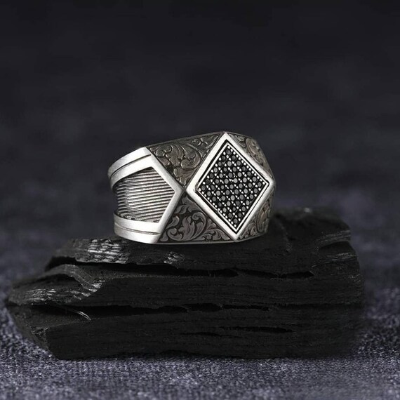 Black Zircon Stone Silver Square Ring - Adjustable 925 Sterling Silver