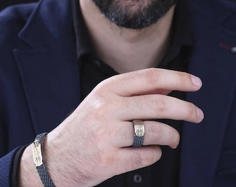 Handmade Sterling Silver Men's Ring & Bracelet Set: Turkish HasbiAllah Jewelry