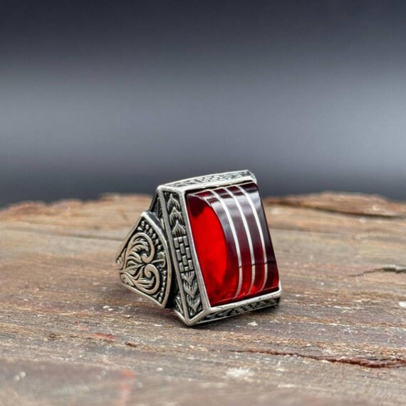 Rough Red Amber Ring for Men, 925 Sterling Silver Handmade Ring, Natural Gemstone Jewelry