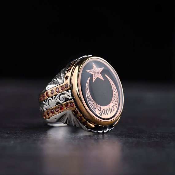 Gift for Turkish Charms - Moon and Crescent Ring with Micro Stone - Handcrafted Turkish Jewelry