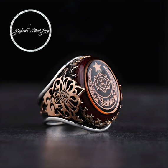 Handmade 925 Sterling Silver Red Amber Ring: Ottoman Caliphate Flag