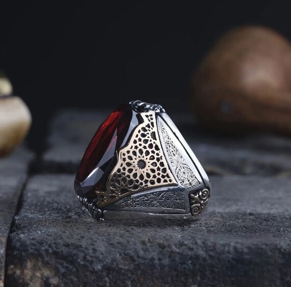 Turkish Handmade Sterling Silver Ring: Red Zircon Gemstone, Engraved Band
