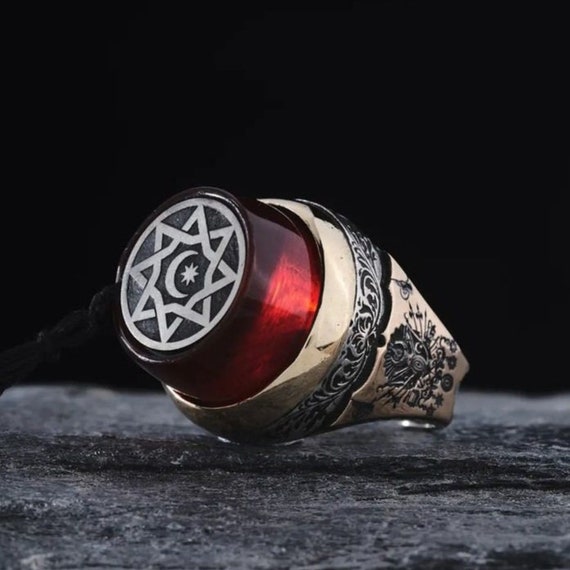 Red Stone Moon Star Fez Men's Ring, Sterling Silver Ottoman Seal Jewelry