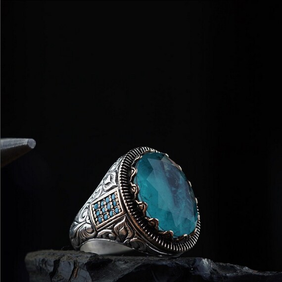 Handmade Paraiba Tourmaline Silver Ring: Ottoman Embroidered Men's Jewelry