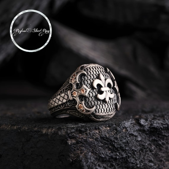 Kabza Model Men's Silver Ring – Yellow Topaz Stones, Italic Pattern, Handcrafted Unique Design