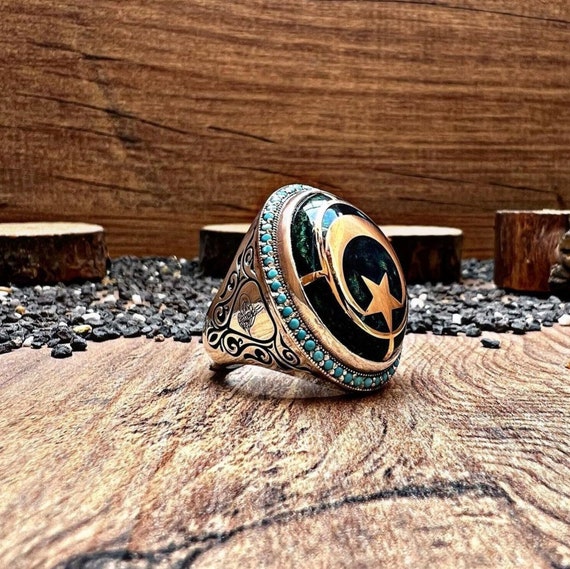 Sterling Silver Moon Star Ring: Handmade Gemstone Adjustable Band