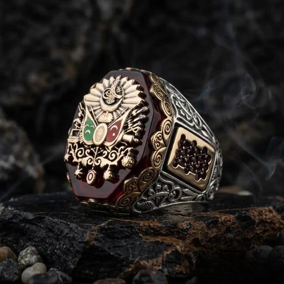 Red Amber Ottoman Silver Ring Men 925 Turkish Handmade Jewelry