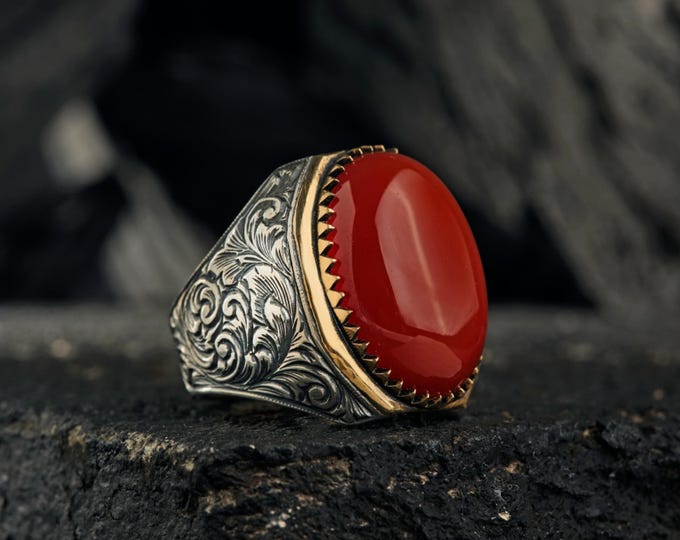 Engraved Brown Agate Sterling Silver Men's Ring - Handmade