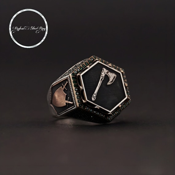 Handmade Viking Ax Men's Ring with Green Zircon Stone, Sterling Silver Man's Jewelry