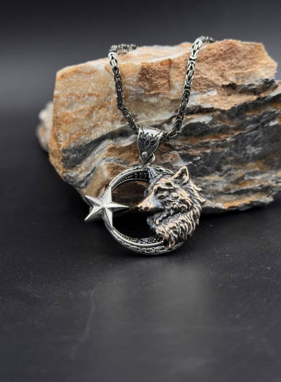 Silver Wolf Necklace with Red and Black Zircon Stones | Star and Crescent Moon Design | Mystical Turkish Wolf Jewelry | Men's Gift