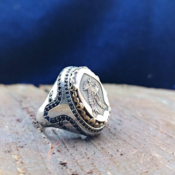 Sterling Silver Double Eagle Ring: Handmade Zircon Stone Jewelry