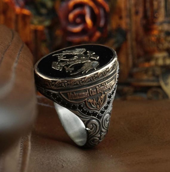 Seljuk Eagle Silver Ring - Black Zircon Stone Jewelry Personalized Handmade with Name Written