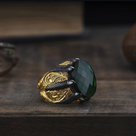 Green Zircon Claw Ring for Men – Gold Plated Sterling Silver, Ottoman Style
