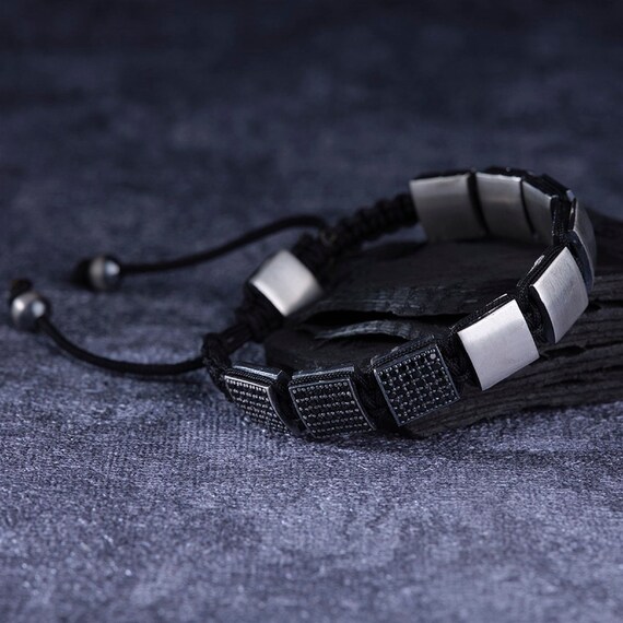 Handmade Zircon Sterling Silver Mens Bracelet - Turkish Adjustable Jewelry