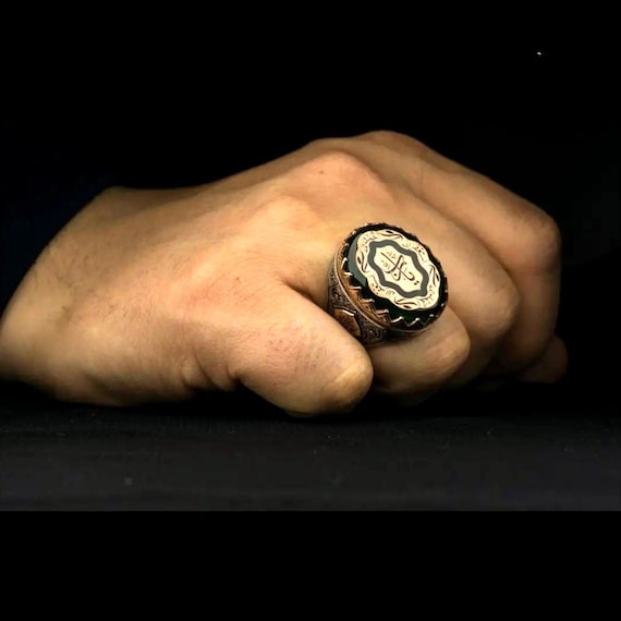 Men's Sterling Silver Ring: Green Amber Stone, Arabic Prayer Inscription