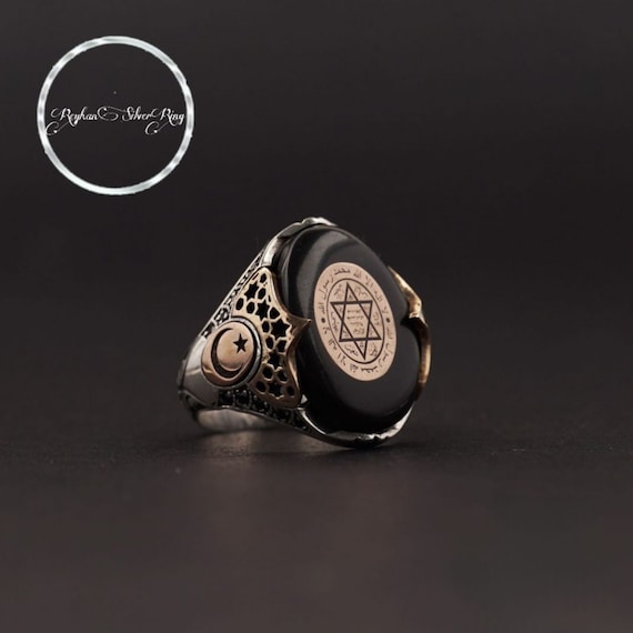 925 Silver Black Amber Solomon's Seal Ring: Islamic Jewelry Gift